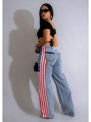 Stars And Stripes Trim Denim Wide Leg Jeans