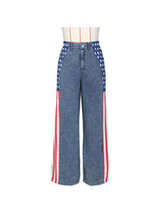 Stars And Stripes Trim Denim Wide Leg Jeans