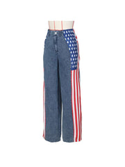 Stars And Stripes Trim Denim Wide Leg Jeans