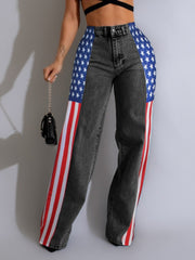 Stars And Stripes Trim Denim Wide Leg Jeans