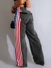 Stars And Stripes Trim Denim Wide Leg Jeans