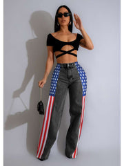 Stars And Stripes Trim Denim Wide Leg Jeans