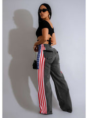 Stars And Stripes Trim Denim Wide Leg Jeans