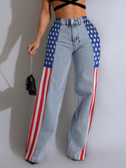 Stars And Stripes Trim Denim Wide Leg Jeans