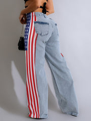 Stars And Stripes Trim Denim Wide Leg Jeans