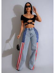 Stars And Stripes Trim Denim Wide Leg Jeans