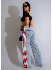 Stars And Stripes Trim Denim Wide Leg Jeans