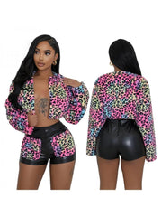 Leopard Zipper Long Sleeve Shorts Sets