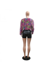 Leopard Zipper Long Sleeve Shorts Sets