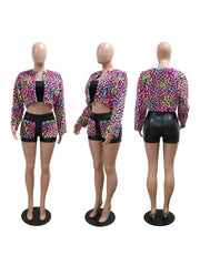 Leopard Zipper Long Sleeve Shorts Sets