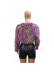 Leopard Zipper Long Sleeve Shorts Sets