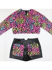 Leopard Zipper Long Sleeve Shorts Sets