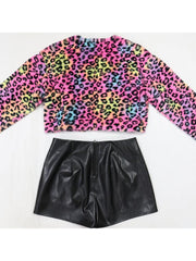 Leopard Zipper Long Sleeve Shorts Sets