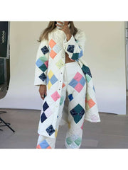 Geometric Pattern Single Breasted Down Coat And Pant Sets