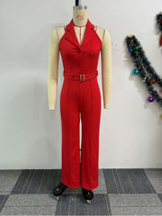 Halter Backless Buckle-loop Wide Leg Jumpsuits