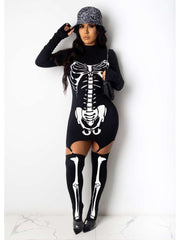 Bone Print Long Sleeves Dress With Stocking