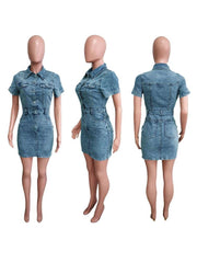 Denim Stand Collar Buckle Shirt Mini Dress