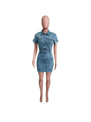 Denim Stand Collar Buckle Shirt Mini Dress