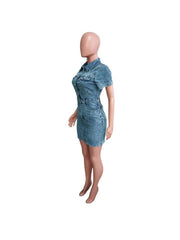 Denim Stand Collar Buckle Shirt Mini Dress