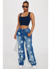 Star Applique Distressed Wide Leg Plus Size Jeans