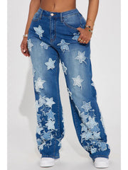 Star Applique Distressed Wide Leg Plus Size Jeans