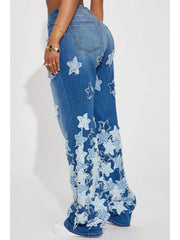 Star Applique Distressed Wide Leg Plus Size Jeans