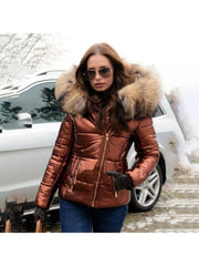 Patchwork Fur Hooded Zipper Down Coats