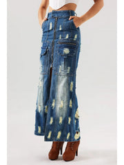 Distressed High Split Hem Denim Skirts