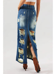 Distressed High Split Hem Denim Skirts