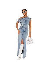 Split Hem Backless Denim Skirt Sets