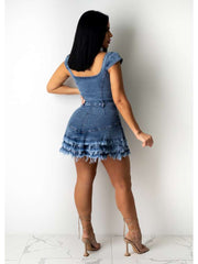 Fringe Layered Bodycon Denim Sleeveless Dresses