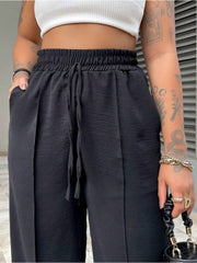 Solid Drawstring Lace-Up Straight Pants