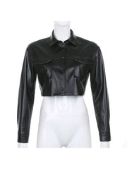 Shirt Collar Long Sleeve PU Cropped Jackets