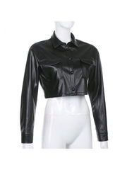 Shirt Collar Long Sleeve PU Cropped Jackets