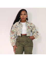 Floral Jacquard Weave Cropped Collar Jackets