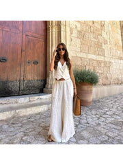 Sleeveless V Neck Wide Leg Pant Sets