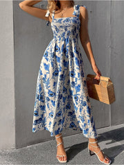 Print Spaghetti Straps A-line Midi Dress