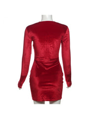 Plain Velour V Neck Long Sleeves Mini Dress