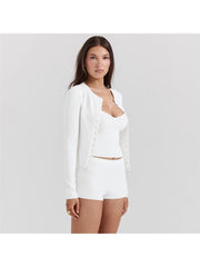 Knitted Plain Cardigan Tank Shorts 3 Piece Sets