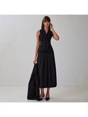 Buckle V Neck Lapel Vest Pleated Skirt Sets