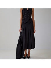 Buckle V Neck Lapel Vest Pleated Skirt Sets