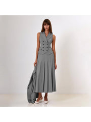 Buckle V Neck Lapel Vest Pleated Skirt Sets