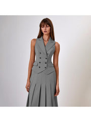 Buckle V Neck Lapel Vest Pleated Skirt Sets