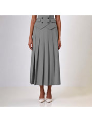 Buckle V Neck Lapel Vest Pleated Skirt Sets