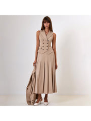 Buckle V Neck Lapel Vest Pleated Skirt Sets