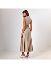 Buckle V Neck Lapel Vest Pleated Skirt Sets