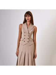 Buckle V Neck Lapel Vest Pleated Skirt Sets