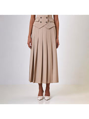 Buckle V Neck Lapel Vest Pleated Skirt Sets