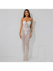 Lace Perspective Strapless Bodysuits Skirt Sets