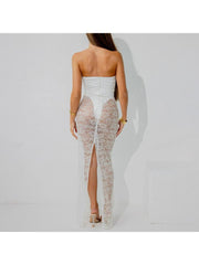 Lace Perspective Strapless Bodysuits Skirt Sets